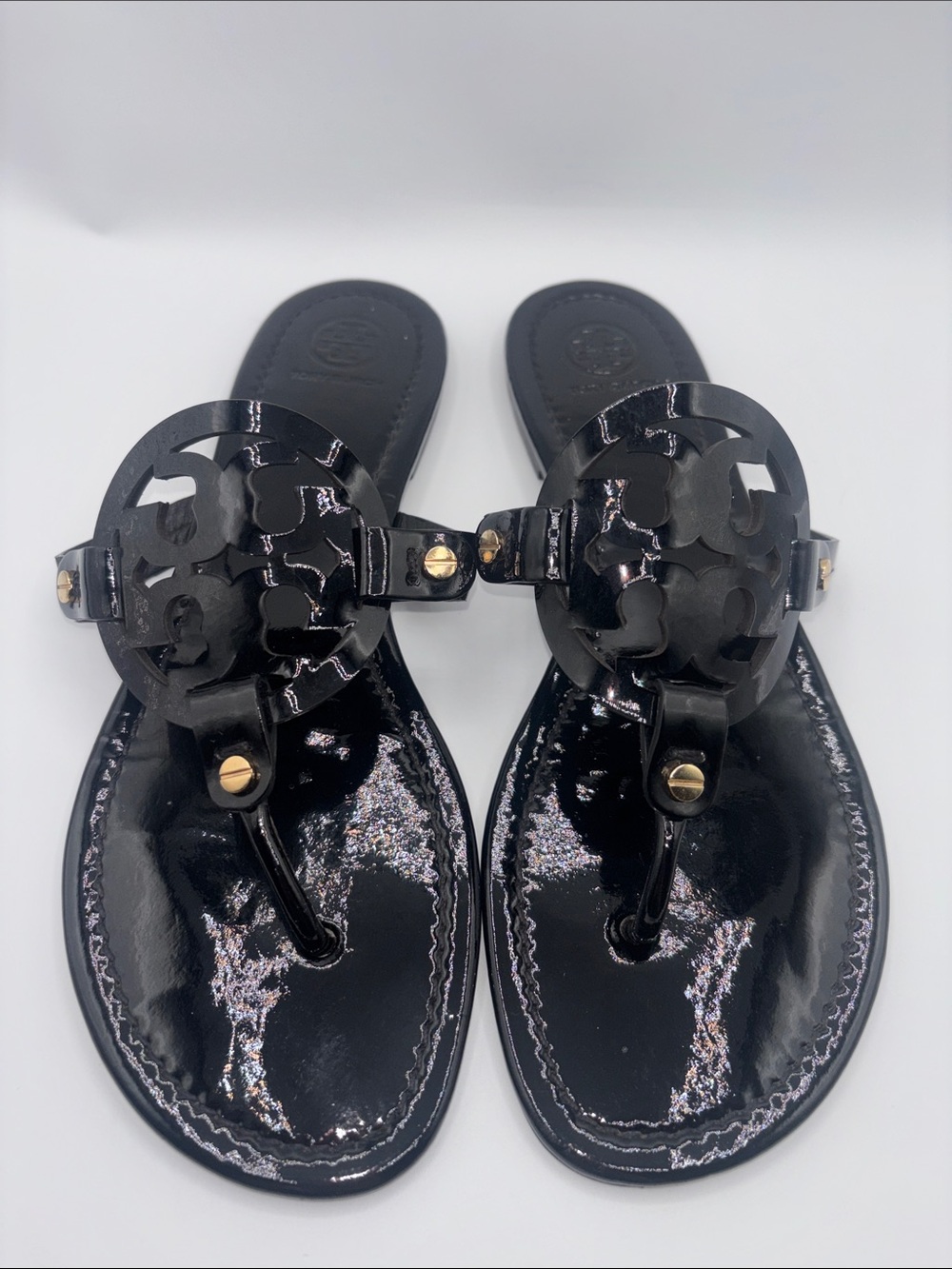 Tory Burch Miller Black Patent Logo Thong Sandals with Gold Accents